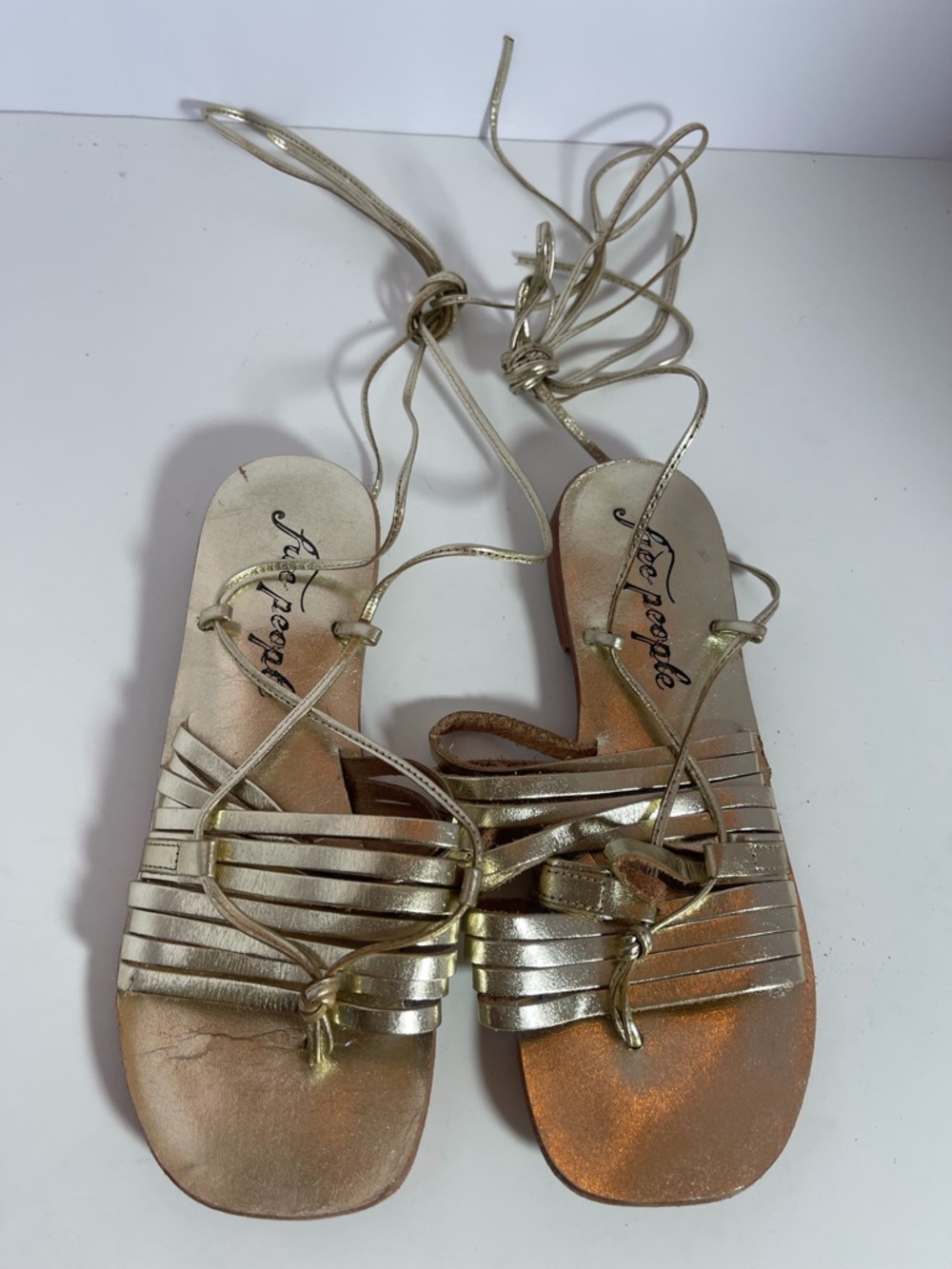 Free People Cami Huarache Ankle Wrap Gold Metallic Leather Sandals woman’s 36/6